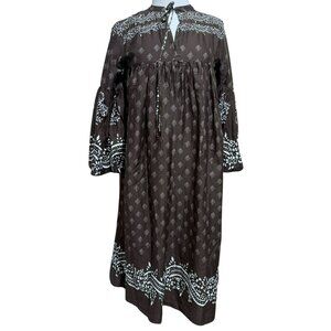 WARM Bandana Print Flared Midi Dress Prairie Boho Cottage Sz S-M Brown